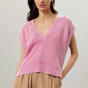 Boss Furray Knit Top Relaxed Fit Short Sleeve V-Neck Sweater Pink Large